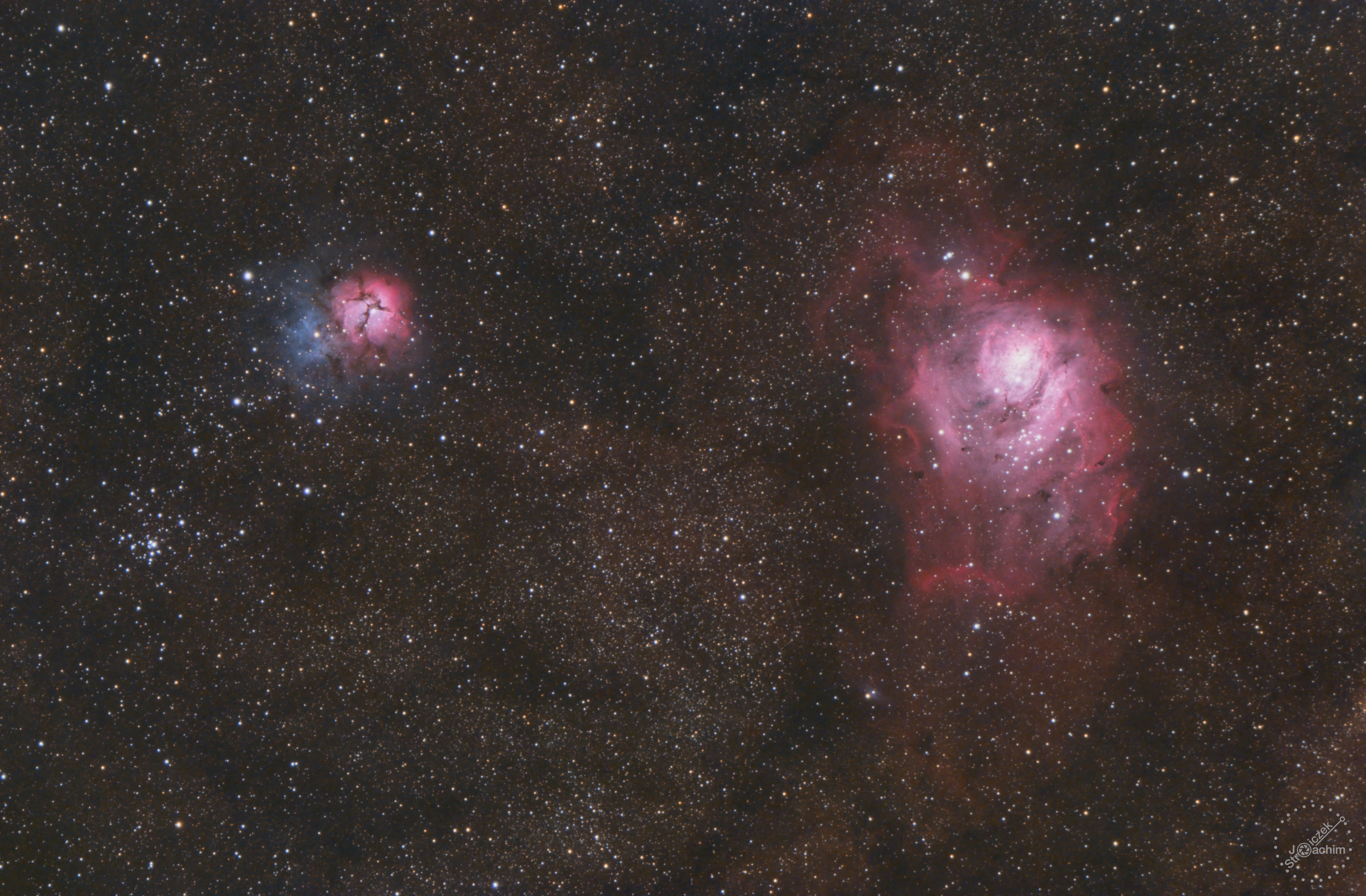 M 8 + NGC 6514, Lagunen- u. Trifid-Nebel | 29.7.2024 | ASI183MC | Evoguide | 74x60 RGB (1,2 Std.)